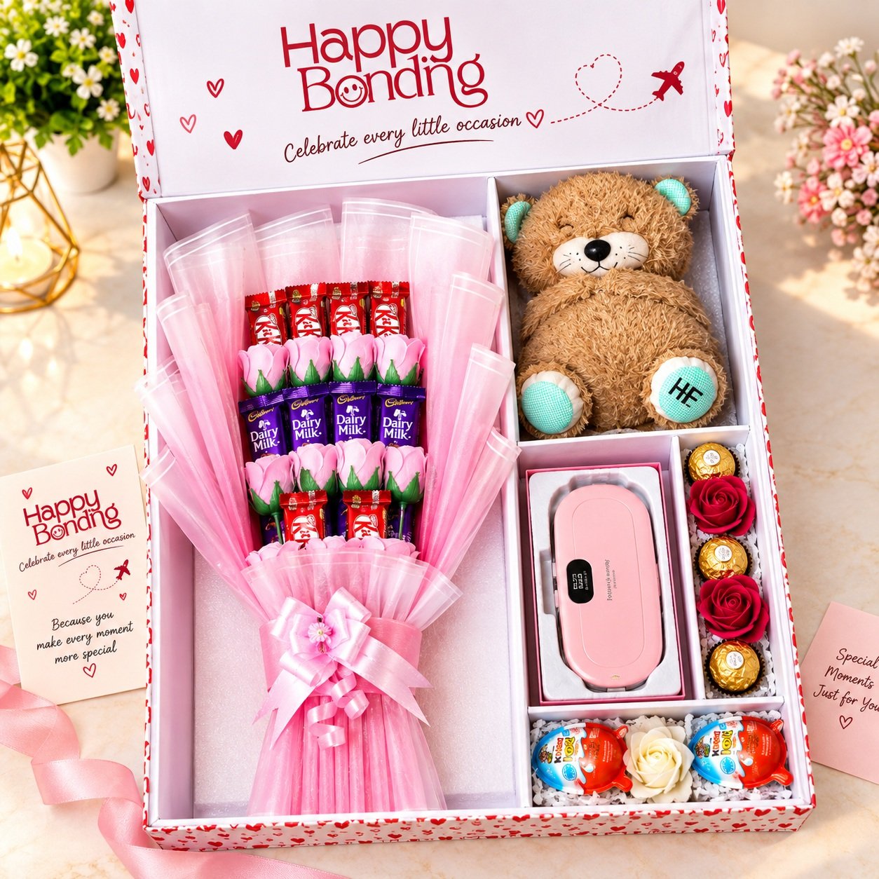 Happy Bonding personalised gift hamper with chocolates and teddy